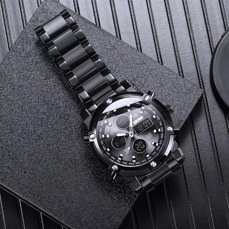 Men’s Stainless Steel Waterproof Chronograph Watch Analog + Digital Power, Bold Design